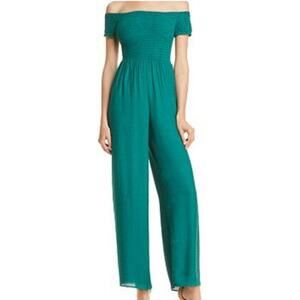 Guess Teal Turquoise Green Off the Shoulder Smocked Jumpsuit Large Summer Boho